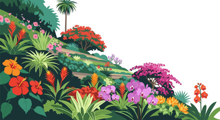 Vibrant tropical garden with exotic flowers and lush green foliage. © bagmany