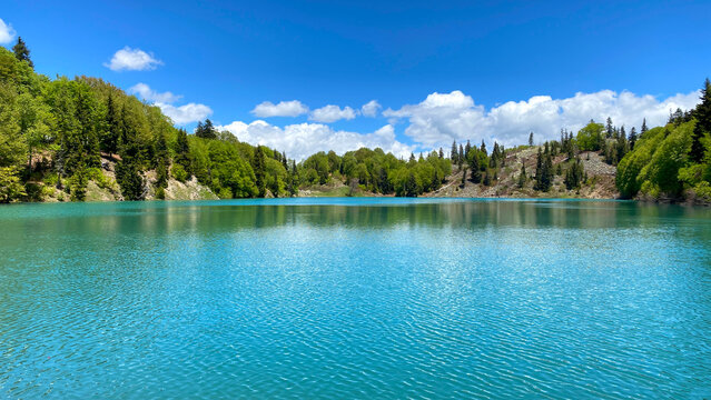 Wide panoramic view of Green Lake in Georgia with turquoise waters, dense evergreen forest and bright summer sky. Calm reflections and untouched wilderness create a serene mountain landscape.