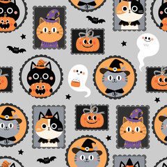 Obraz premium Happy Halloween seamless pattern and backgrpund with cute cat in ghost costume and spooky pumpkin. Animal holidays cartoon character. -Vector.