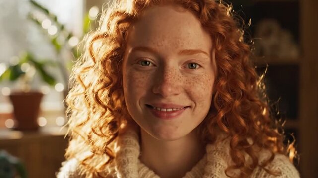 Portrait of a smiling young redhead woman with curly hair and freckles turning to look at camera in warm golden sunlight indoors.