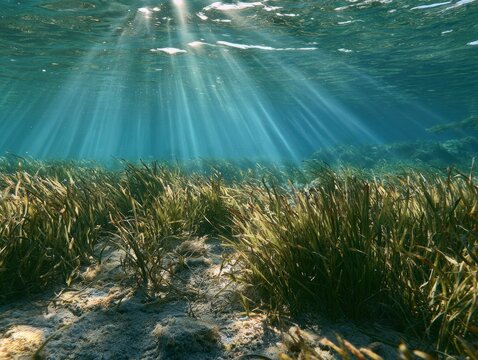 Sunlight filter through clear blue water onto lush green seabed plants