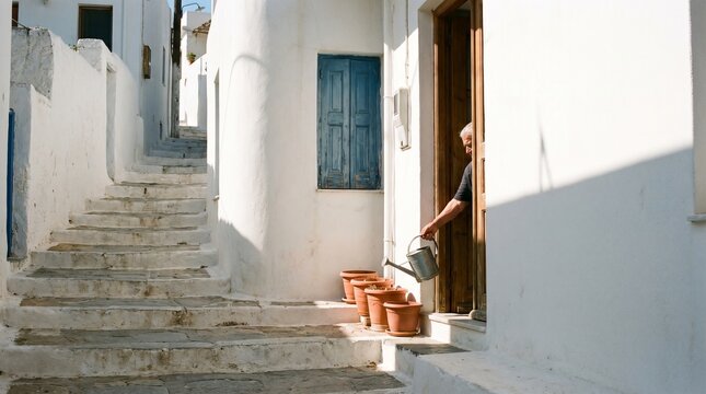 Steep White Passage Detail With Shutters Pots And Daily Gesture