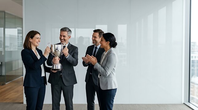 Business team celebrating achievement with a silver trophy cup