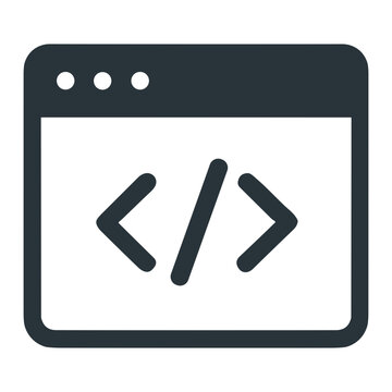 Minimal monochrome icon of a web browser window containing HTML code tags, representing coding, web development, programming and software interface design in a flat vector