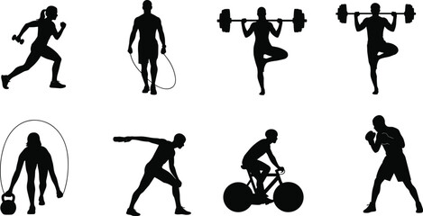 Fototapeta premium Collection of black fitness silhouettes featuring men and women performing gym workouts and diverse sports training exercises