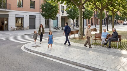 Accessible urban corner with raised crossing seating trees multigenerational