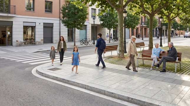 Accessible urban corner with raised crossing seating trees multigenerational