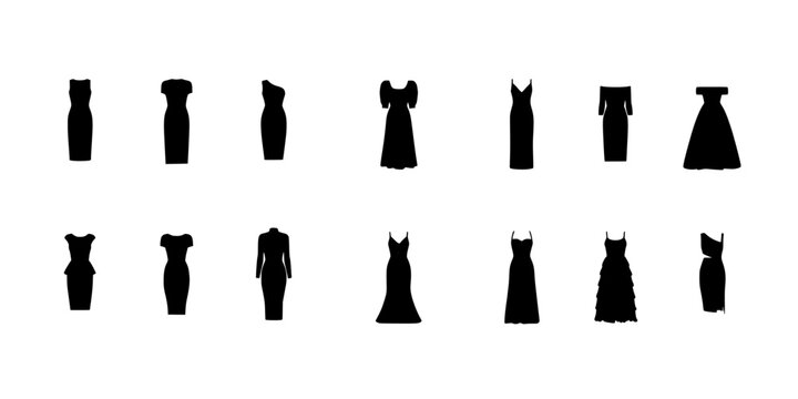 Dresses in Various Styles and Designs Shown as Black Silhouettes Featuring Fashion, Formal Wear, Evening Gowns with Elegant and Stylish Elements