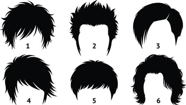 Men Haircut Silhouette Vector Icon Set with Shaggy, Spiky, Emo, and Curly Hairstyle Elements for Barber Shop Branding, Grooming Salons, and Male Fashion Designs