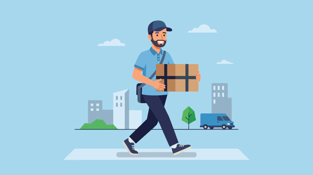 Delivery man walking with cardboard box.