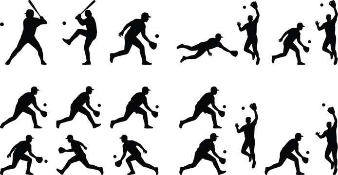 Baseball Player Silhouette Vector Set with Pitcher, Batter, and Fielder Figures Catching Ball for Sports Championship, Team League, and Athletic Game Designs