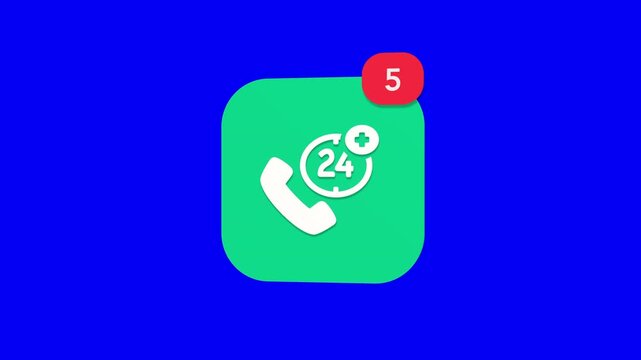 A 3D telephone handset with clock dial medical cross twenty four hours emergency hotline notification icon popping up and rotating on a blue screen chroma key background with a red number counter anim