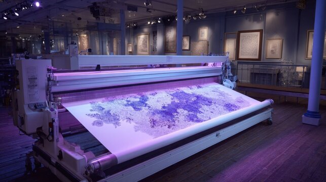 Advanced automated weaving loom creating intricate purple patterns on fabric in a modern industrial setting