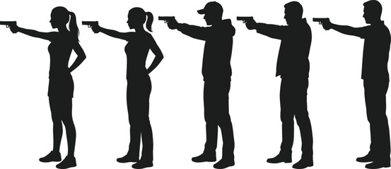 Gun Shooting Range Silhouette Set Vector Graphic Featuring Men and Women Aiming Pistols for Firearm Safety Training Law Enforcement and Tactical Defense Designs © Md