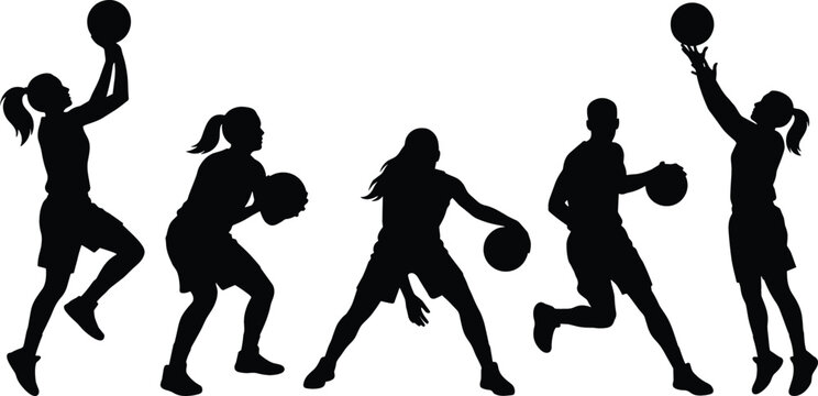 Basketball Players Silhouette Set Vector Graphic Featuring Men and Women Athletes Shooting Dribbling Passing and Jumping for Sports Championship Tournament and Club Designs