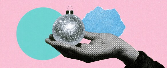 Fototapeta premium 2026 New Year celebration banner design. Halftone hand holding sparkling silver ornament and torn textured blue numbers on a pastel grainy background. Contemporary vintage style artwork.