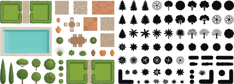 Architecture 2D CAD mega set of site plan textures and planting entourage symbols in top view, large vector library isolated on white background for landscape and urban design