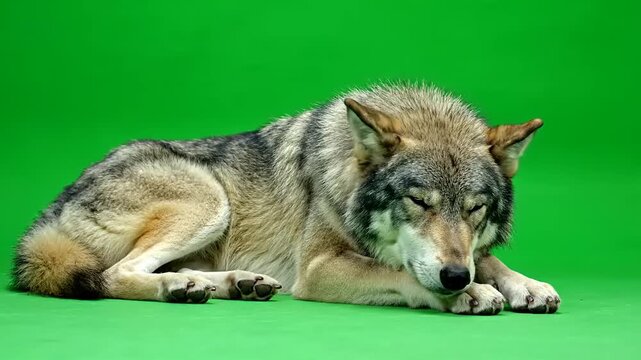 Gray Wolf Resting Peacefully on a Green Screen Background for Cinematic Wildlife Footage Integration