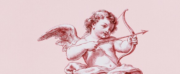 Obraz premium Illustration of a cherub holding a bow and arrow against a soft pastel backdrop, ideal for romantic Valentine's designs.