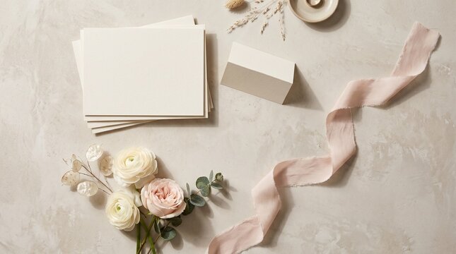 Minimal wedding stationery flat lay with silk ribbon on stone texture