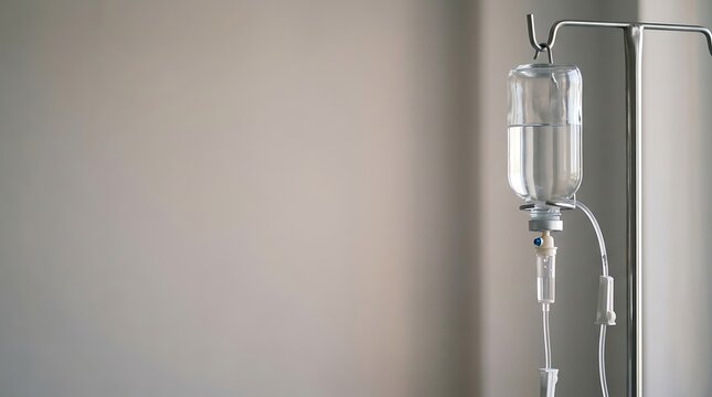 Intravenous drip bottle hanging on a medical stand in hospital