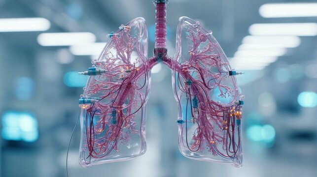 Futuristic transparent lungs with digital circuits, glowing connections represent advanced medical technology, innovation in respiratory healthcare. Modern laboratory background enhances high tech