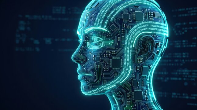 Artificial intelligence robot head with glowing circuit board patterns, futuristic humanoid android profile, digital cybernetic brain technology concept