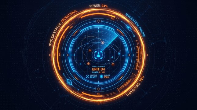 Futuristic HUD interface with circular radar display, glowing blue and orange sci-fi dashboard, high-tech digital control panel for spacecraft navigation