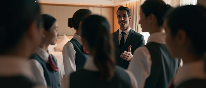 Male hotel manager leading a daily briefing with a team of uniformed hospitality staff in a luxury room. Front desk and housekeeping team training on premium guest service standards.