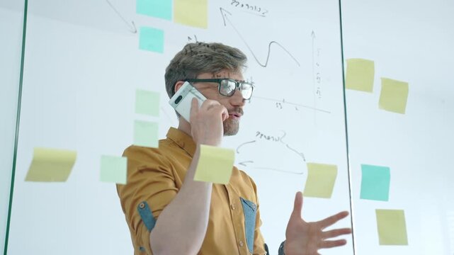 Smiling businessman on a phone call mapping ideas on a glass wall with colorful sticky notes, organizing tasks and brainstorming strategy in a modern office for project planning