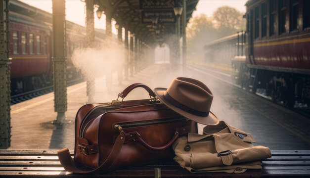 Vintage leather suitcase with fedora hat and trench coat on wooden bench at old train station platform with steam background