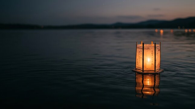 Traditional glowing paper lantern floating on calm water at night