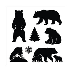 Set of bear silhouettes with cub, pine tree, snowflake, and mountain © ADURI