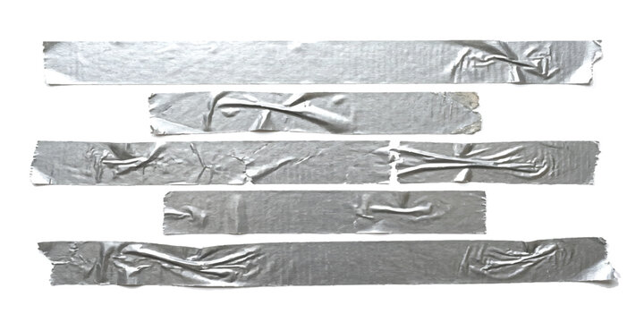 Set of grey duct tape strips with wrinkled texture and adhesive edges