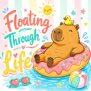 Cute capybara floating on a donut pool float with a duck  