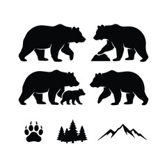 Set of bear silhouettes with cub, paw print, trees and mountains icons © ADURI