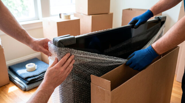 Professional movers carefully packing a flat screen television for safe transport