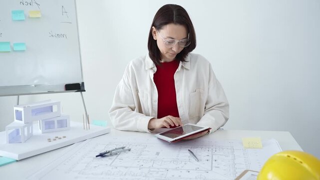 Architect working on new residential project using laptop, reviewing blueprints and drafting floor plans for modern building design with a 3d model on office desk