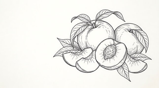 Vintage botanical illustration of whole and sliced peaches