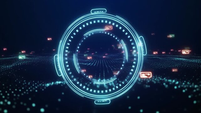 Futuristic Digital Interface with Neon Blue HUD Elements and Data Streams