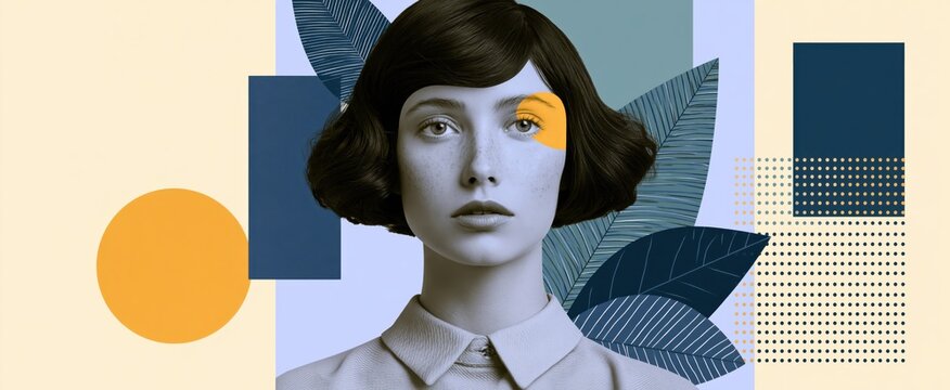 Surreal female portrait collage representing emotional healing, mental clarity, and self-discovery with calming abstract shapes.