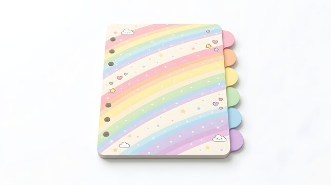Colorful rainbow-themed notebook with cloud and heart designs on tabs