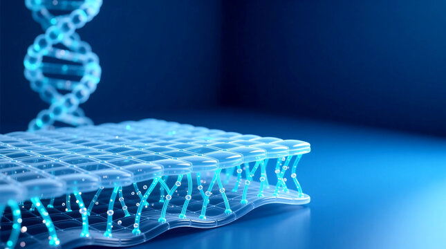 Developing biotech breakthrough bionic skin with nano fibers for advanced tissue engineering of burn wound healing in science lab, close-up 3D render perspective