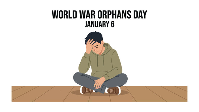 Boy sits alone on the floor with his head in his hand to observe World War Orphans Day.