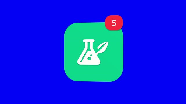 A 3D laboratory test tube with an organic green leaf biofuel renewable chemistry science notification icon popping up and rotating on a blue screen chroma key background with a red number counter anim