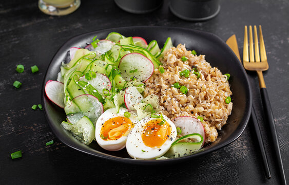 Healthy Meal with Egg Salad and Grains Macro Shot