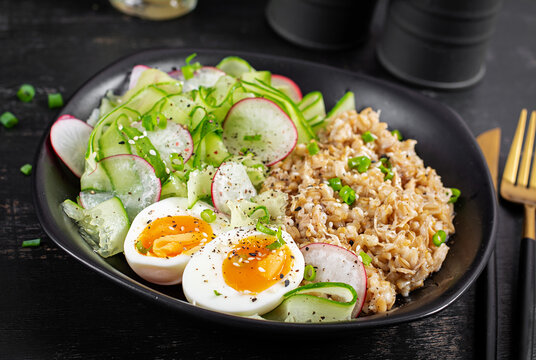 Healthy Meal with Egg Salad and Grains Macro Shot