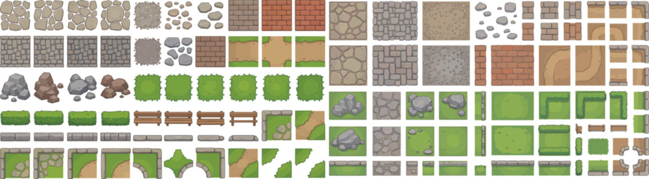 Landscape architecture 2D CAD texture and planting library in top view, modular tile grid of hardscape materials, vegetation blocks, and site plan elements for landscape and urban design drafting.