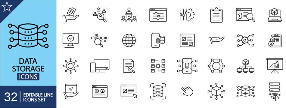 Data Storage icons set. Includes symbols of databases, cloud storage, servers, backups, data centers, and file management. Editable stroke. Vector illustration. Outline icons.