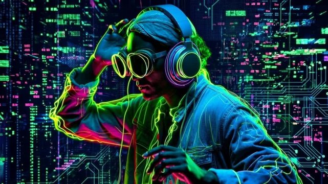 Cyberpunk DJ wearing glowing headphones and futuristic visor performing with neon digital interface, electronic music technology scene.